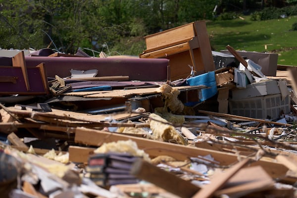 A piano rests atop what is left of the destroyed Sunshine Hill Baptist Church, Sunday, May 18, 2025, in London, Ky., after a severe storm passed through the area. (AP Photo/Carolyn Kaster)