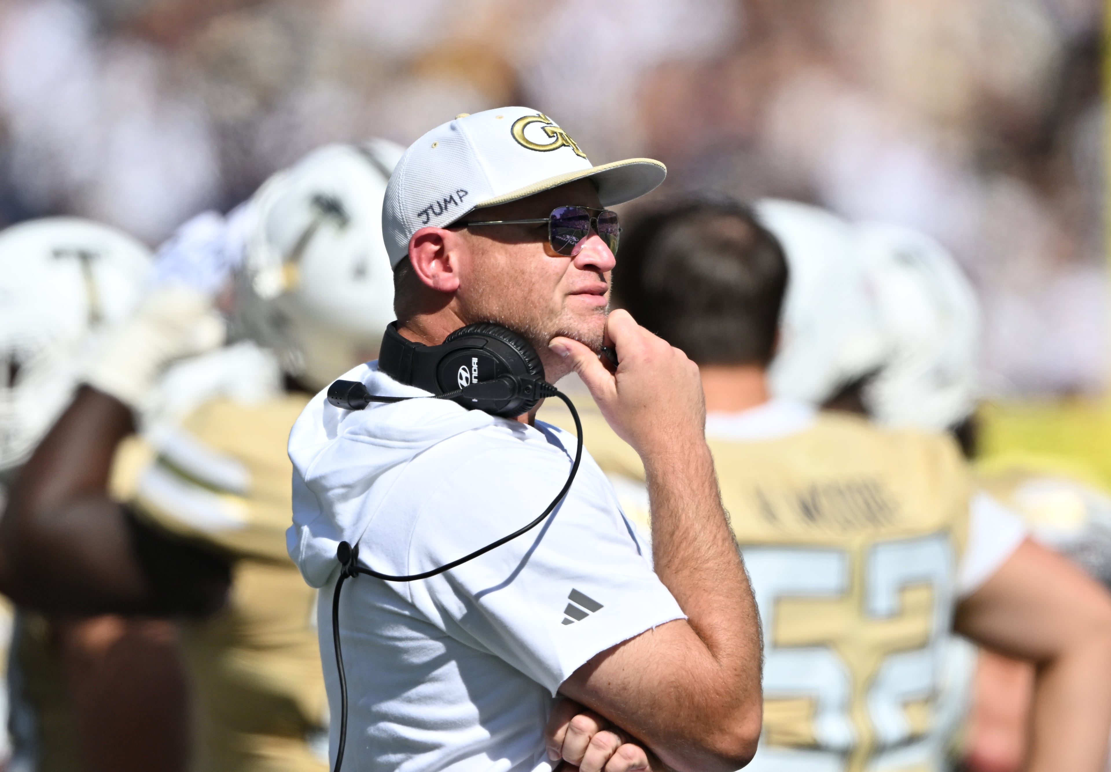 Georgia Tech head coach Brent Key reacts during the first half of an NCAA college football game at Bobby Dodd Stadium, Saturday, October 25, 2025 in Atlanta. (Hyosub Shin / AJC)