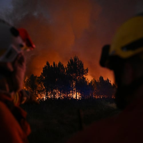 Firefighters battle a blaze outside Lanton, during wildfires in southwestern France, Tuesday, July 28, 2026. (AP Photo/Emma Da Silva)