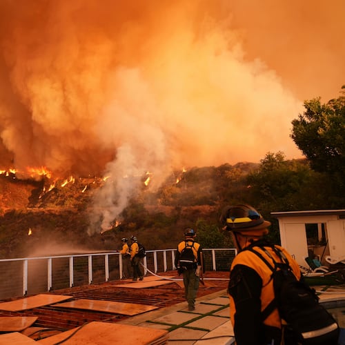 FILE - Fire crews monitor the Palisades Fire in Mandeville Canyon on Jan. 11, 2025, in Los Angeles. (AP Photo/Jae C. Hong, File)