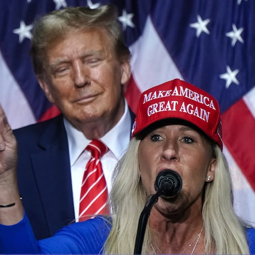 U.S. Rep. Marjorie Taylor Greene (right) speaks alongside President Donald Trump during his campaign event in Rome on March 9, 2024. (Elijah Nouvelage/TNS 2024)