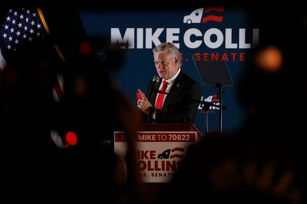 U.S. Rep. Mike Collins speaks to supporters at his watch party after winning the Republican U.S. Senate nomination on Tuesday. Collins will face Democratic U.S. Sen. Jon Ossoff in the November election. (Miguel Martinez/AJC)