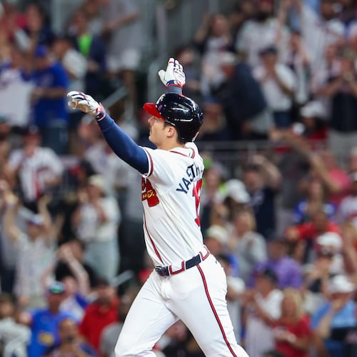 Atlanta Braves left fielder Mike Yastrzemski (18) runs after hitting a home run in the fifth inning of the Braves versus Cubs game at Truist Park in Atlanta on May 12, 2026. (Arvin Temkar/AJC)