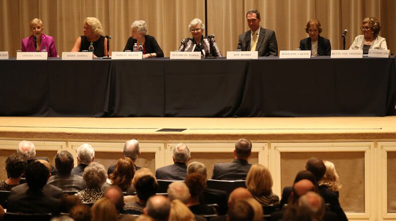 A panel of Georgia First Ladies including Sandra Deal, Marie Barnes, Shirley Miller, Elizabeth Harris, Rosalynn Carter and Betty Foy Sanders as well as Jeff Busbee talk. Ben Gray / bgray@ajc.com