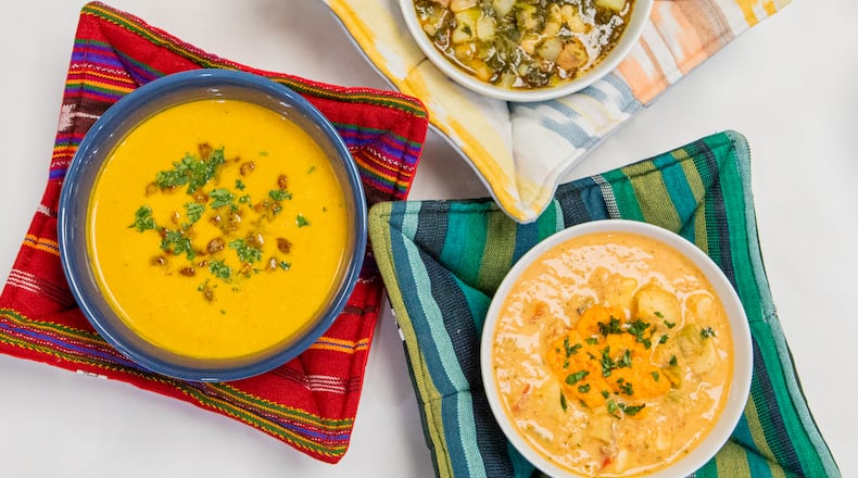 Nancy Rinehart of Side Hustle Soups shared recipes for, clockwise from left, Thai-Style Pumpkin Soup, Caldo Gallego and Brazilian Seafood Stew. (Aaliyah Man for The Atlanta Journal-Constitution)