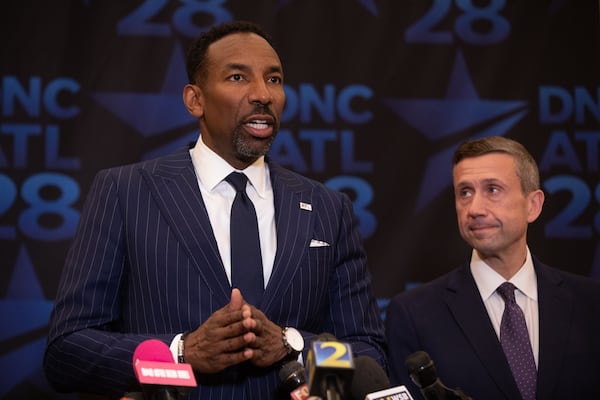 Atlanta Mayor Andre Dickens (left) made his case Thursday on why the city should host the 2028 Democratic National Convention during a visit from Democratic National Committee Chair Ken Martin. (Riley Bunch/AJC)