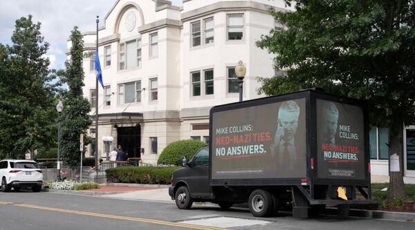 The Democratic Party of Georgia paid to park a mobile billboard outside of the site of a fundraiser for U.S. Senate candidate Mike Collins highlighting controversy surrounding his son-in-law. (Photo: Democratic Party of Georgia)
