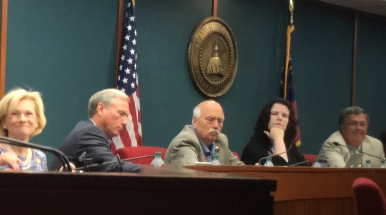 Members of the House Study Committee on School Security met Tuesday, Aug. 21, to hear presentations of best practices for keeping schools safe. Pictured from left to right: Rep. Katie Dempsey, R-Rome, Rep. Eddie Lumsden, R-Armuchee, Rep. Tommy Benton, R-Jefferson, Rep. Mandi Ballinger, R-Canton, vice chair and Rick Jasperse, R-Jasper, chair. Not pictured Rep. Heath Clark, R - Warner Robins, Rep. Randy Nix, R - LaGrange, Rep. Brian Prince, D - Augusta, and Rep. Valencia Stovall, D - Forest Park. ARLINDA SMITH BROADY/AJC