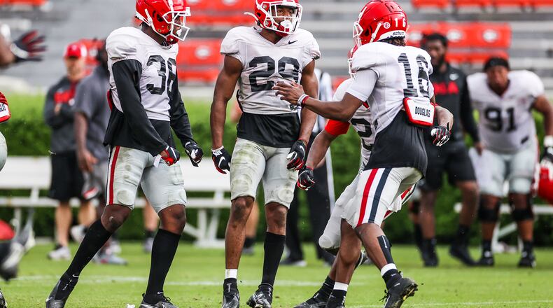 Georgia safeties Christopher Smith (29) and Lewis Cine (16) will lead a young and experienced secondary into the G-Day Game at Sanford Stadium on Saturday. (Photo by Tony Walsh/UGA Athletics)