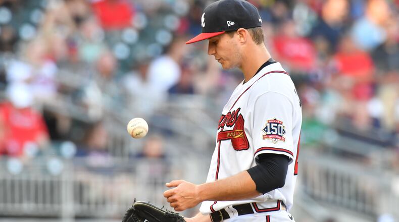 Braves starting pitcher Tucker Davidson (64) reacts after allowing one run home run by Boston Red Sox right fielder Hunter Renfroe (10) in the first inning at Truist Park on Tuesday, June 15, 2021. (Hyosub Shin / Hyosub.Shin@ajc.com)\b57