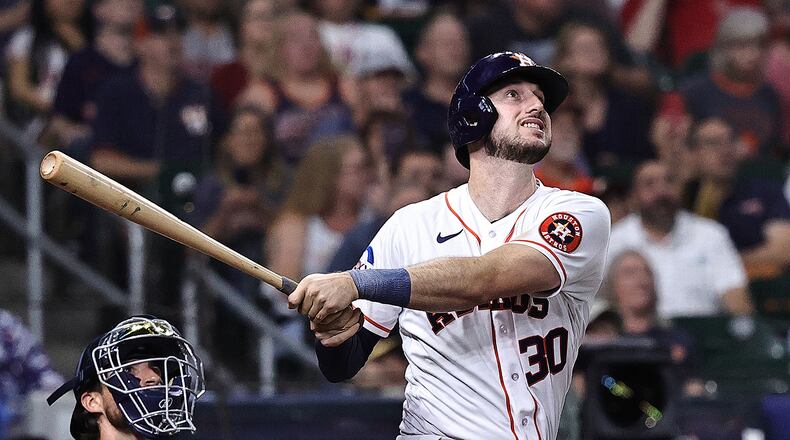 Kyle Tucker #30 of the Houston Astros hits a home run in the fourth inning against the Detroit Tigers at Minute Maid Park on April 5, 2023, in Houston, Texas. (Bob Levey/Getty Images/TNS)
