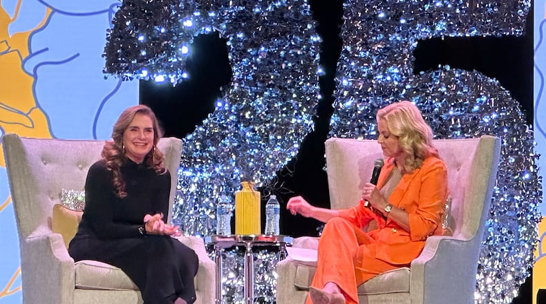 Brooke Shields spoke with WSB-TV's Linda Stouffer at the 25th anniversary Atlanta Women's Foundation gala at Georgia World Congress Center on Thursday, Nov. 2, 2023. RODNEY HO/rho@ajc.com