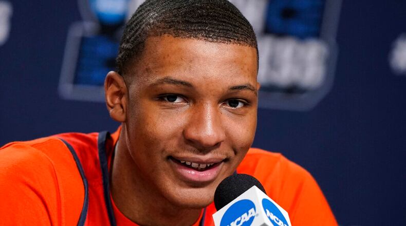 Auburn's Jabari Smith (10) speaks during a news conference on Saturday, March 19, 2022, in Greenville, S.C. (AP Photo/Brynn Anderson)