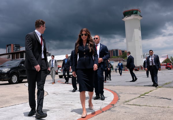 U.S. Homeland Security Secretary Kristi Noem walks to a waiting plane after touring the Department of Homeland Security operations at La Aurora International Airport, in Guatemala City, Thursday, June 26, 2025. (Anna Moneymaker/Pool Photo via AP)