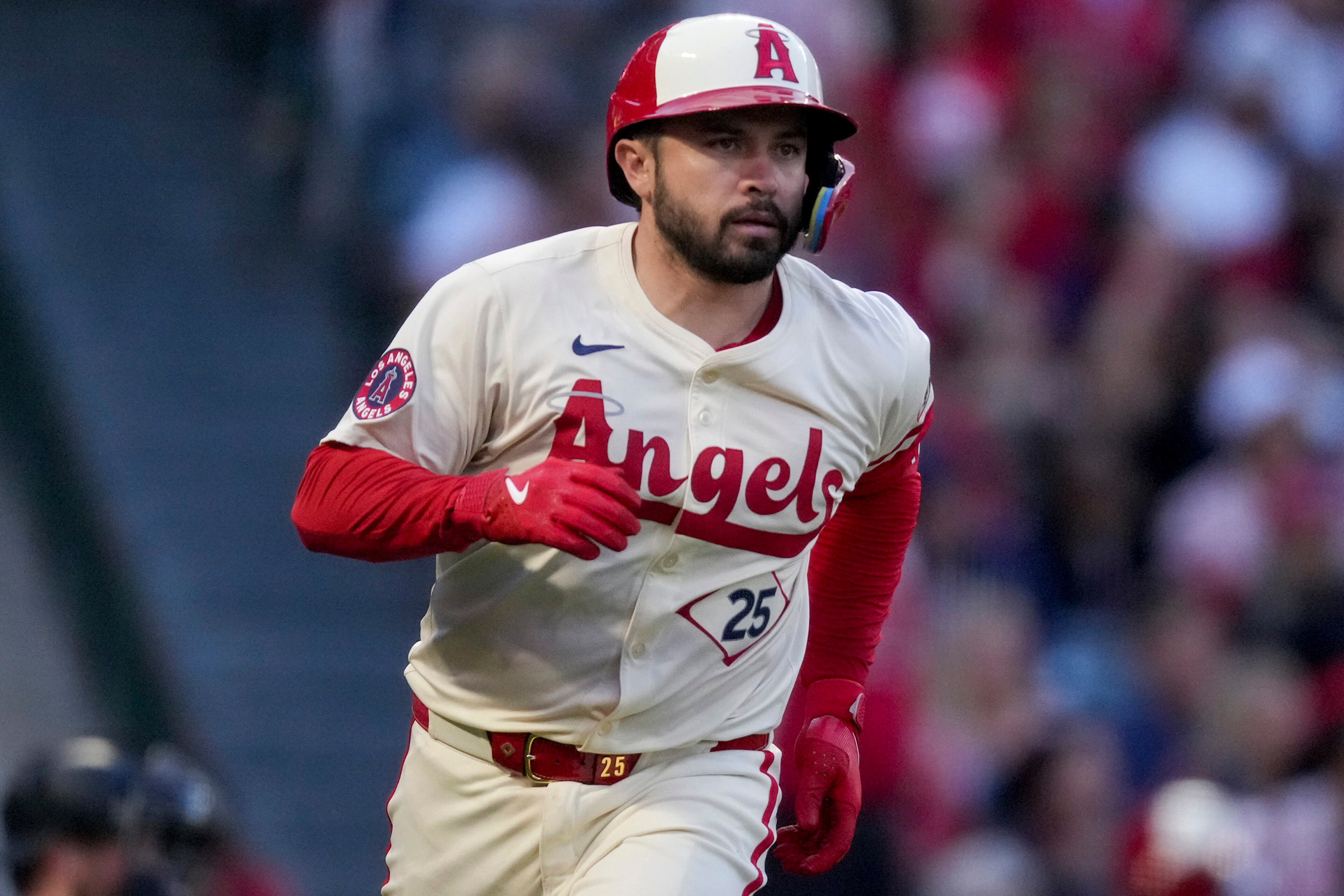 Los Angeles Angels' Travis d'Arnaud runs the bases after hitting a home run during the fourth inning of a baseball game against the Seattle Mariners, Friday, June 6, 2025, in Anaheim, California. (Eric Thayer/AP)