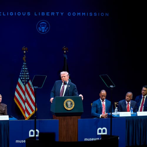 FILE - President Donald Trump addresses the White House Religious Liberty Commission during an event at the Museum of the Bible, Sept. 8, 2025, in Washington. (AP Photo/Evan Vucci, File)