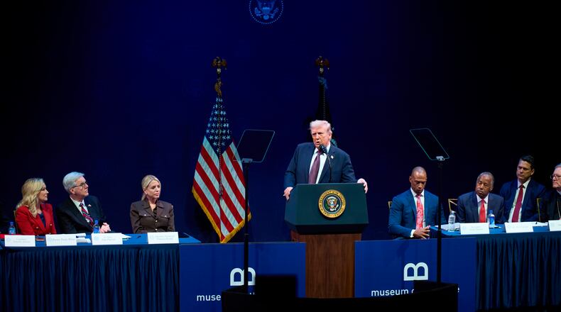 FILE - President Donald Trump addresses the White House Religious Liberty Commission during an event at the Museum of the Bible, Sept. 8, 2025, in Washington. (AP Photo/Evan Vucci, File)