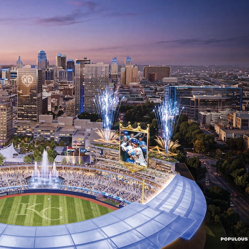 This artist's rendering provided by Populous and the Kansas City Royals, Wednesday, April 22, 2026, shows a rendition of the Royals' new baseball stadium to be constructed in downtown Kansas City, Mo. (Populous/Kansas City Royals via AP)