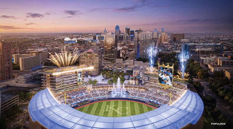 This artist's rendering provided by Populous and the Kansas City Royals, Wednesday, April 22, 2026, shows a rendition of the Royals' new baseball stadium to be constructed in downtown Kansas City, Mo. (Populous/Kansas City Royals via AP)