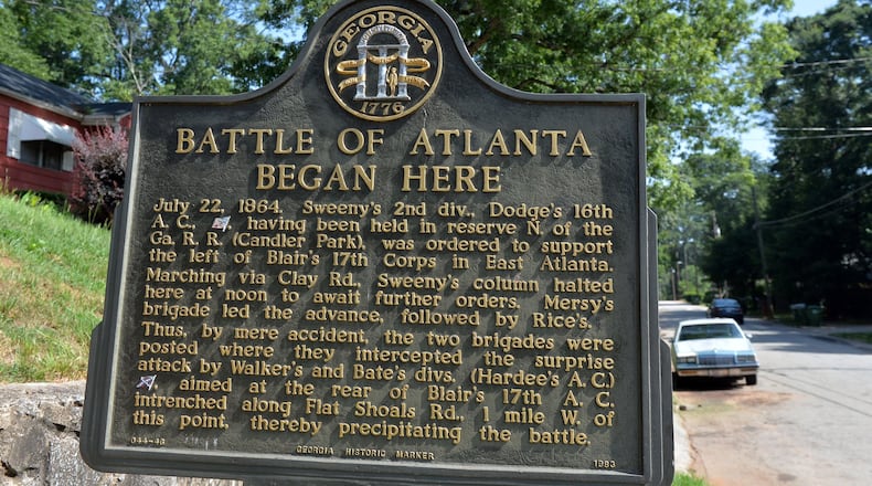 This sign denotes the start of the Battle of Atlanta at Clay Street and Memorial Drive in east Atlanta. Some of the key sites of that 150-year-old battle for the city are denoted on street signs, many of them along Memorial and DeKalb avenues between Decatur and Atlanta. KENT D. JOHNSON / KDJOHNSON@AJC.COM