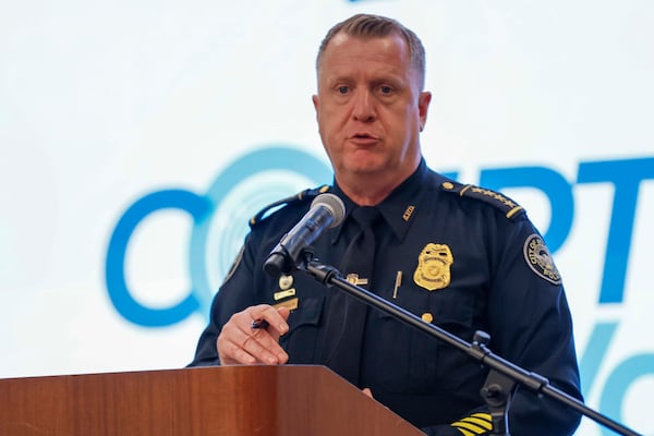 Chief of the Atlanta Police Department, Darin Schierbaum, addresses his remarks during the 2025 Court Watch Appreciation Luncheon at the new Atlanta Public Safety Training Center on Tuesday, Sept. 2, 2025. (Miguel Martinez/AJC)