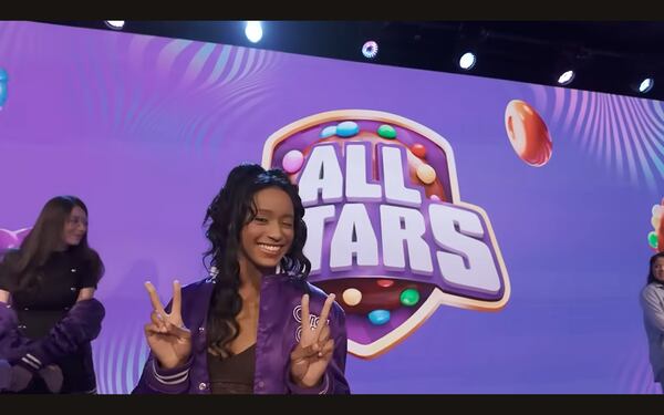 Stunt performer Jemini Powell of Stone Mountain at the Candy Crush All Stars Tournament in London that aired in June 2026. (Courtesy)