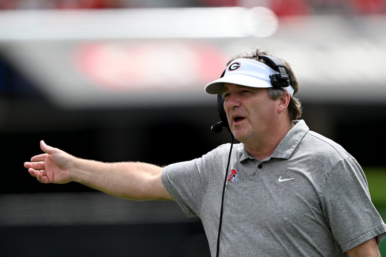 Georgia head coach Kirby Smart shouts instructions during the G-Day spring football game at Sanford Stadium on April 18. (Hyosub Shin/AJC)