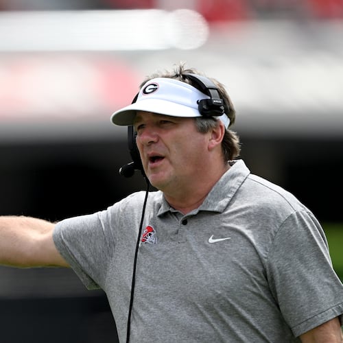 Georgia head coach Kirby Smart shouts instructions during the G-Day spring football game at Sanford Stadium on April 18. (Hyosub Shin/AJC)