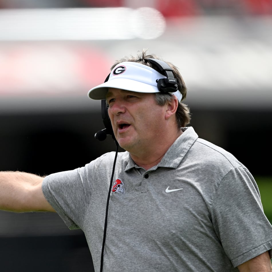 Georgia head coach Kirby Smart shouts instructions during the G-Day spring football game at Sanford Stadium on April 18. (Hyosub Shin/AJC)