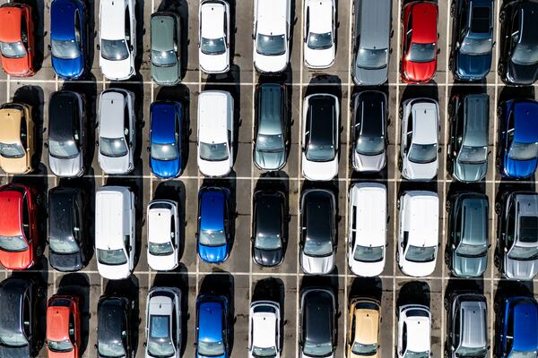 New cars are parked at Royal Portbury Docks, North Somerset, England, Friday April 4, 2025. (Ben Birchall/PA via AP)