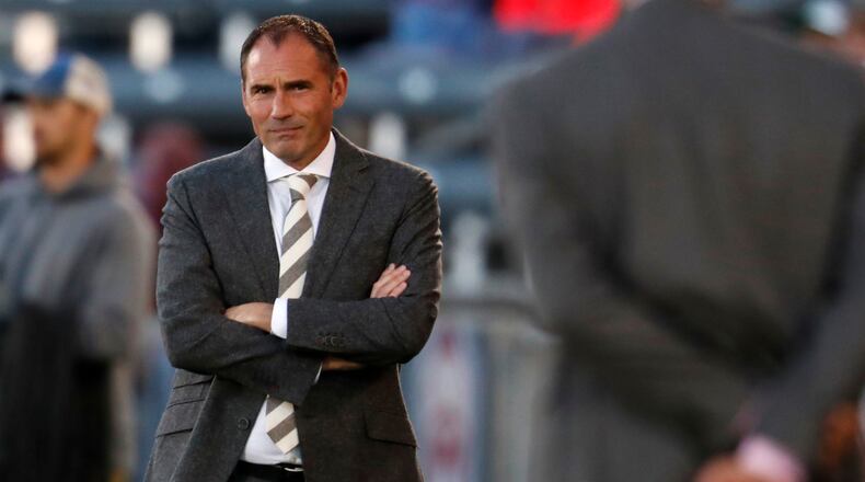Colorado Rapids manager Steve Cooke looks on against Real Salt Lake in the first half of an MLS soccer match Sunday, Oct. 15, 2017, in Commerce City, Colo. (AP Photo/David Zalubowski)