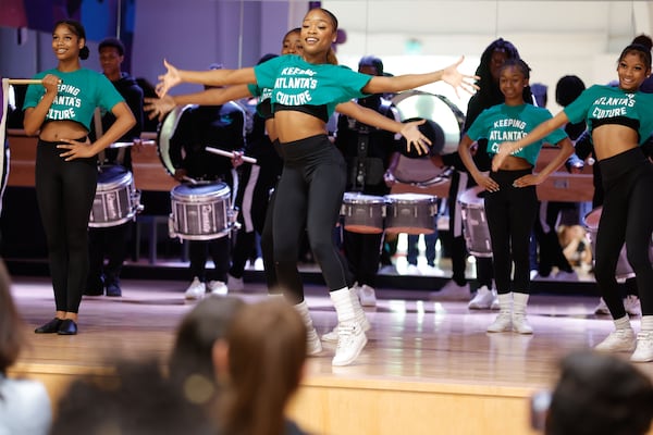 The KIPP Atlanta Collegiate band Sounds of Royalty performs during the unveiling ceremony of Ciara's new Why Not You Center at the John H. Harland Boys & Girls Club in Atlanta. (Natrice Miller/AJC)
