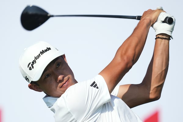 Collin Morikawa hits from the 18th tee during the first round of the Rocket Classic golf tournament at the Detroit Golf Club, Thursday, June 26, 2025, in Detroit. (AP Photo/Paul Sancya)