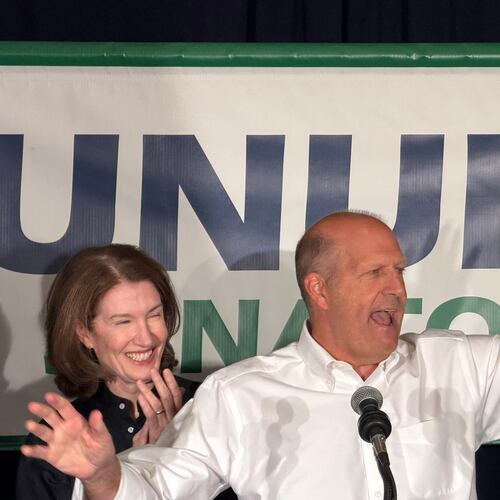 Republican U.S. Senate nominee John E. Sununu gesturing while addressing supporters in Manchester, N.H., on Tuesday, Sept. 8, 2026, shortly after winning his party's primary election. (AP Photo/Rodrique Ngowi)
