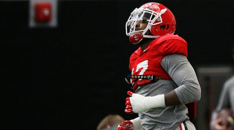 Georgia outside linebacker Davin Bellamy (17) runs a drill at practice in Athens, Ga., Wednesday, Nov. 29, 2017. (Joshua L. Jones/Athens Banner-Herald via AP)