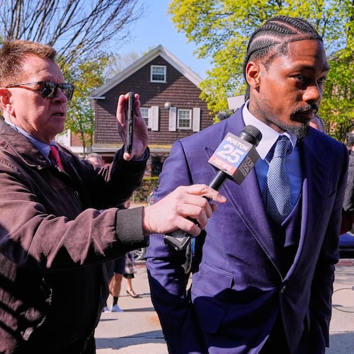 Former New England Patriots wide receiver Stefon Diggs arrives at Norfolk County District Court, Monday, May 4, 2026, in Dedham, Mass. (AP Photo/Charles Krupa)