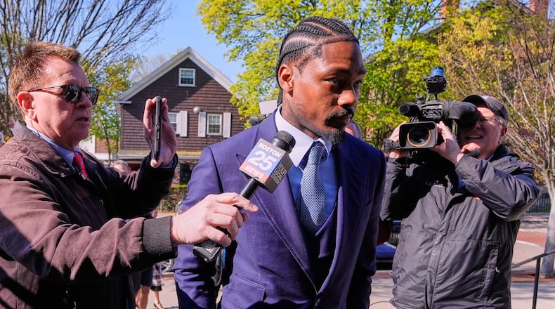 Former New England Patriots wide receiver Stefon Diggs arrives at Norfolk County District Court, Monday, May 4, 2026, in Dedham, Mass. (AP Photo/Charles Krupa)