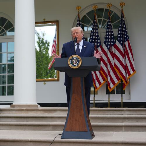 President Donald Trump speaks alongside the New York Stock Exchange bell at a lunch in the White House Rose Garden, Monday, July 6, 2026, in Washington. (AP Photo/Julia Demaree Nikhinson)
