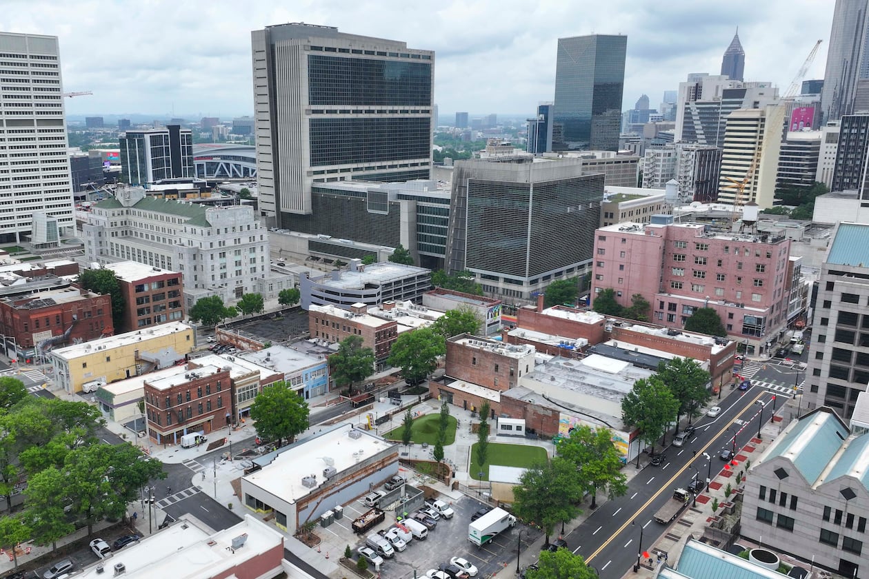 An aerial image shows South Downtown, where numerous local businesses are being revitalized across 16 acres and more than 50 buildings. This project represents the largest collection of historic real estate assets in Atlanta, making it one of the most ambitious downtown initiatives. (Miguel Martinez/AJC)