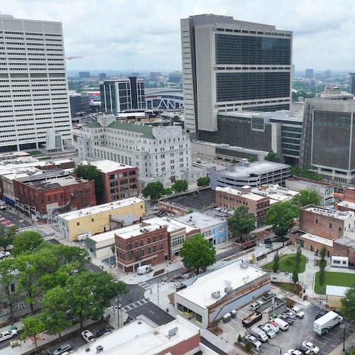 An aerial image shows South Downtown, where numerous local businesses are being revitalized across 16 acres and more than 50 buildings. This project represents the largest collection of historic real estate assets in Atlanta, making it one of the most ambitious downtown initiatives. (Miguel Martinez/AJC)
