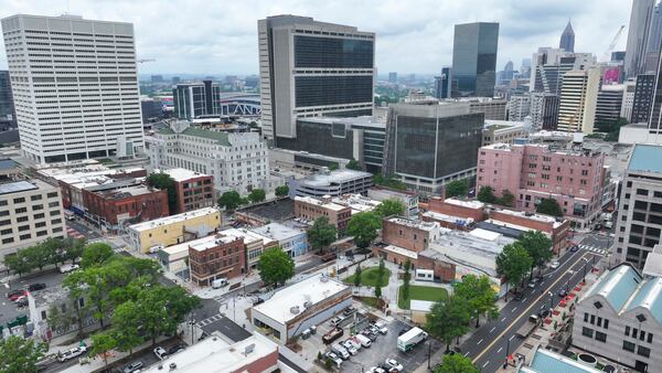 An aerial image shows South Downtown, where numerous local businesses are being revitalized across 16 acres and more than 50 buildings. (Miguel Martinez/AJC)