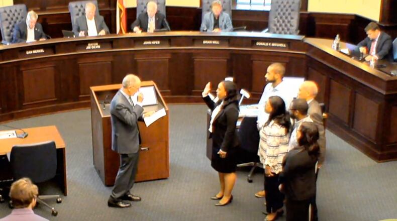 With her family in attendance Kelsie Mattox was recently sworn in to serve as Alpharetta & Milton's City Solicitor. (Courtesy City of Alpharetta)
