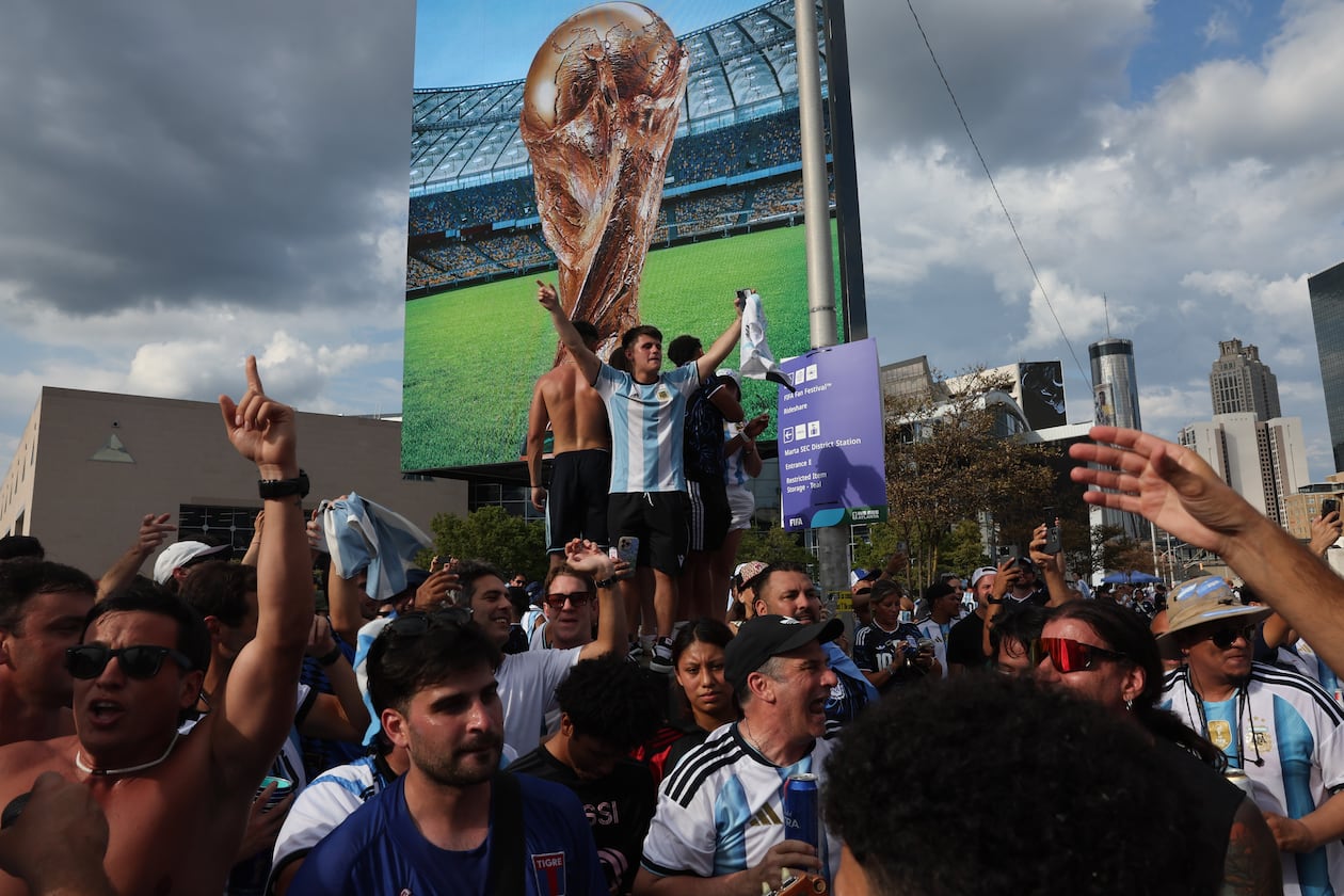 Argentina fans celebrate outside Atlanta Stadium (Mercedes-Benz Stadium) after Argentina won the FIFA World Cup game between England and Argentina in Atlanta on July 15, 2026. Argentina won 2-1. (Arvin Temkar/AJC)