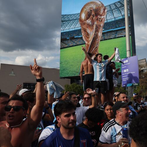 Argentina fans celebrate outside Atlanta Stadium (Mercedes-Benz Stadium) after Argentina wins the FIFA World Cup game between England and Argentina in Atlanta on July 15, 2026. It’s the last game Atlanta is hosting. Argentina won 2-1. (Arvin Temkar/AJC)