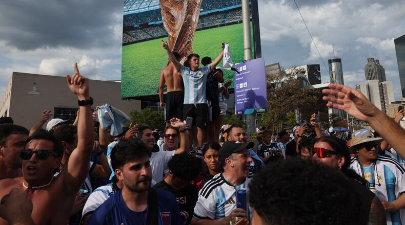 Argentina fans celebrate outside Atlanta Stadium (Mercedes-Benz Stadium) after Argentina won the FIFA World Cup game between England and Argentina in Atlanta on July 15, 2026. Argentina won 2-1. (Arvin Temkar/AJC)