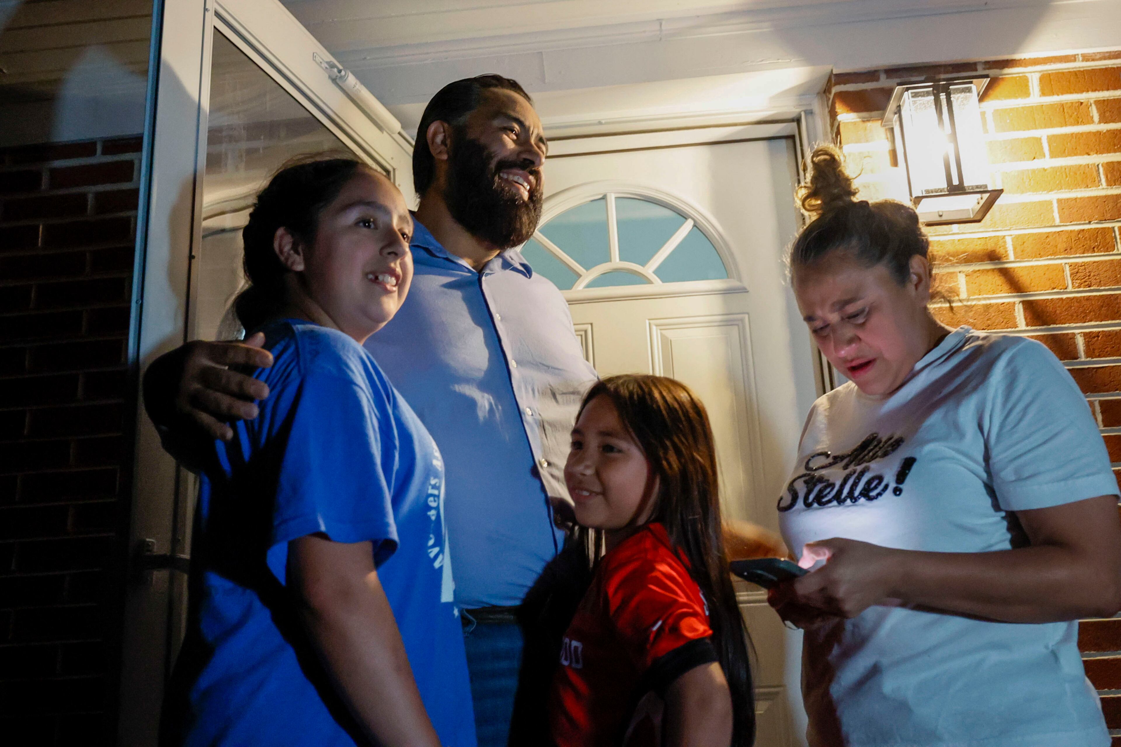 Jose Francisco Arias and his wife, Ndahitha Cristobal, express their happiness with their daughters Aurora and Ndahitha Arias-Cristobal, in light of the announcement that their eldest daughter, Ximena Arias-Sandoval, is set to depart from the Stewart Immigration Detention Center to return home on Thursday, May 22, 2025.
(Miguel Martinez/ AJC)