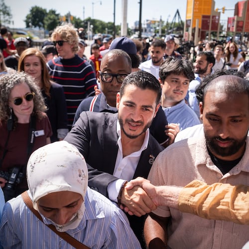 Abdul El-Sayed departs following a news conference at the Spirit of Detroit shortly after winning the Democratic nomination for U.S. Senate in Michigan, Wednesday, Aug. 5, 2026, in Detroit. (AP Photo/Julia Demaree Nikhinson)