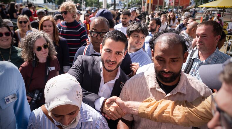 Abdul El-Sayed departs following a news conference at the Spirit of Detroit shortly after winning the Democratic nomination for U.S. Senate in Michigan, Wednesday, Aug. 5, 2026, in Detroit. (AP Photo/Julia Demaree Nikhinson)