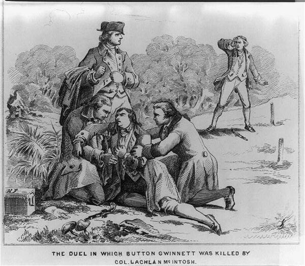 Button Gwinnett was shot in the leg during a pistol duel with a rival, Gen. Lachlan McIntosh, less than a year after Gwinnett signed the Declaration of Independence. He would die from his wound. (Courtesy of the Library of Congress)