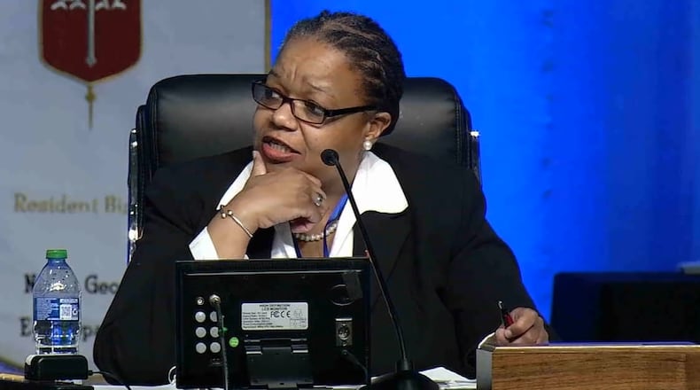 United Methodist Church Episcopal Leader Robin Dease presides over the North Georgia Conference's special called session on Nov. 18 where members voted to disaffiliate 261 churches over an ideological split on LGBTQ issues.